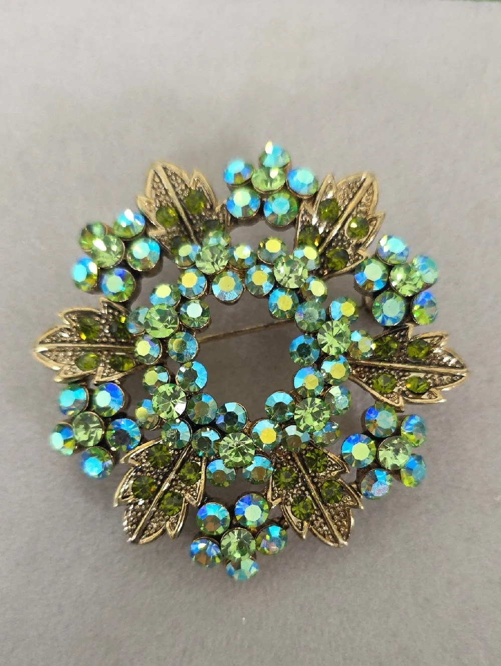 Vintage Gold Tone Lime Green AB Crystal Wreath Brooch Pin Floral Leaf Statement